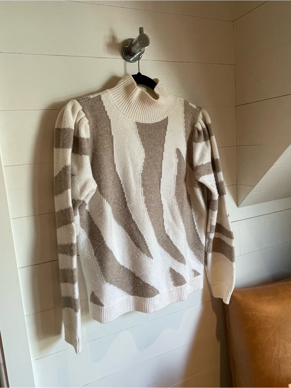 Milly Cream and Taupe Zebra-Pattern Crewneck Sweater